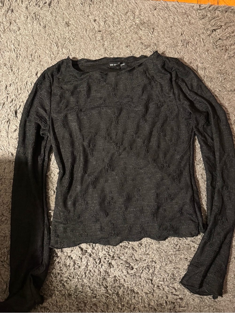 See You Monday Black Long-Sleeve Sheer lace Top